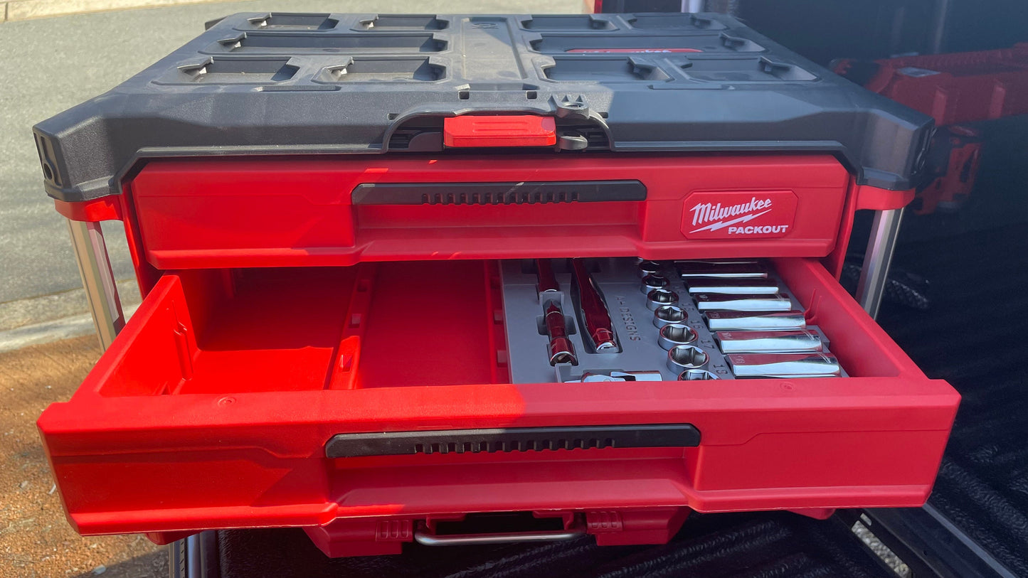 3D printed Milwaukee 3/8 ratcheting socket set holder for the 4 drawer Packout tool box (48-22-9408 & 48-22-9508)